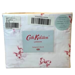 Cath Kidston 4pc KING Sheet Set Hot Pink Ribbons & Bows 100% Cotton White New